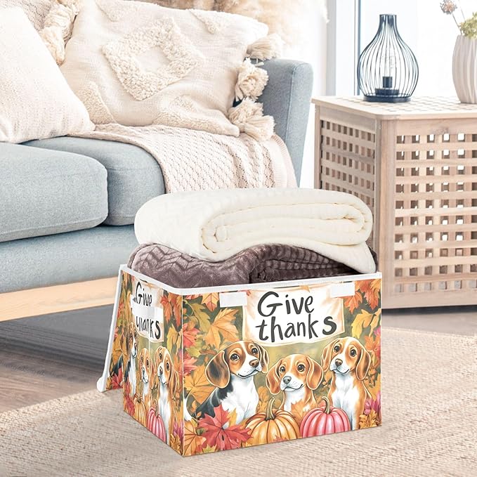 Bolaz Storage Bins with Lids and Handles,Dog Autumn Leaves Storage Box Basket with Cover Collapsible Organizer Containers for Home Closet, Shelves
