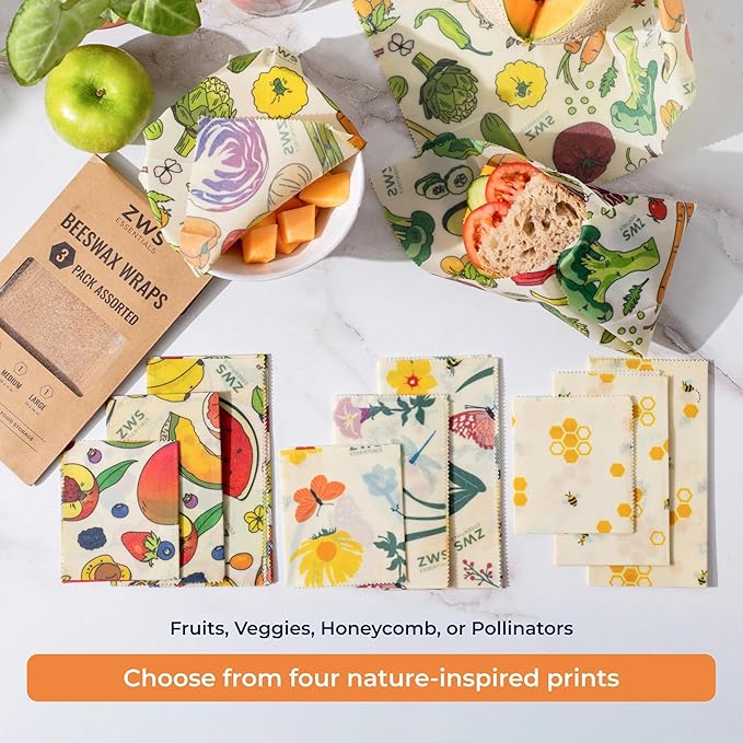 ZWS Essentials Beeswax Wraps, Reusable Cotton Food Storage Set for Kitchen, Lunch, Bread, Snacks, Bowls. Eco-Friendly Plastic-Free Alternative. 3-Pack Assorted - Veggies by Zero Waste Store