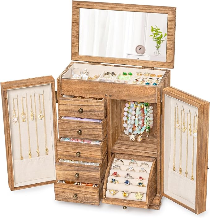 Jewelry Box Organizer, Farmhouse Wooden Jewelry Boxes for Women Girls, 6 Layer Jewelry Case Storage with Bracelet Holder Display Hooks for Necklaces Earrings Rings Bracelets (Carbonized Brown)