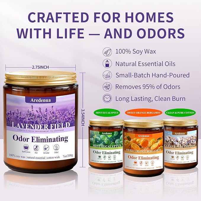 4 Pack Odor Eliminating Candles Set - Eliminates 95% of Pet, Bathroom, Food & Other Smells - Hand Poured Non-Toxic Soy Candle, Air Freshing Scent of Lavender/Orange/Mint/Cotton - Gifts Set for Women