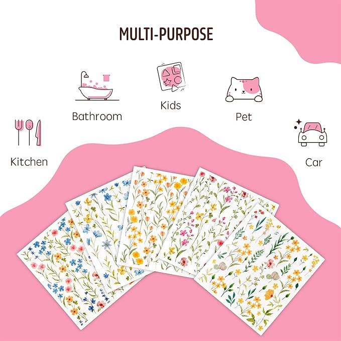 Augine Swedish Dishcloths for Kitchen, 5 Pack Flowers Reusable Paper Towels Washable, Super Absorbent Swedish Dish Cloths, Biodegradable, Non-Scratch, No Odor
