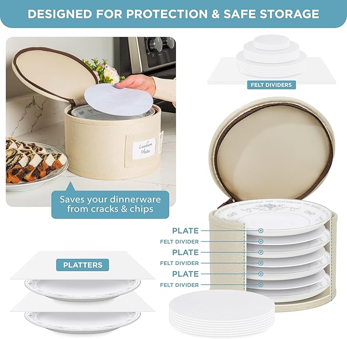 China Storage Hard Shell Containers 8-Piece Set Moving Boxes for Dinnerware, Glasses, Plates, Mugs and Saucers Sturdy Dish Organizer with Dividers for Seasonal Storage - Service for 12 - Beige