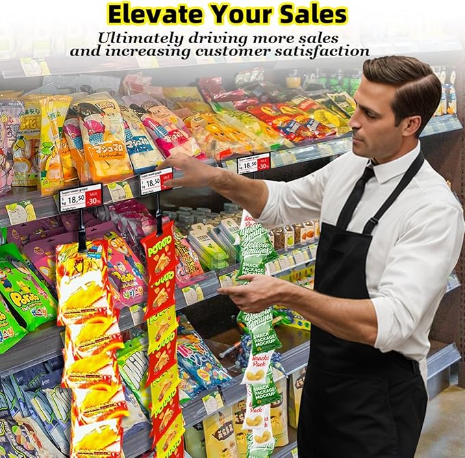 Dafftos Hanging Merchandise Strips with Hooks Chip Display Rack Stands Potato Bag Holder 12 Clips for Retail 32 inches Displaying Black Label Headers Card Snacks Metal 4 Pack