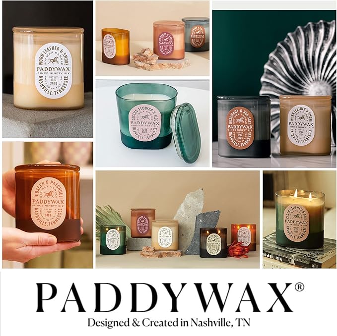 Paddywax Vista Scented Candle with Lid in Reusable Tonal Glass Jar, Clean-Burn 2-Wick Soy Candle with Approx. 84 Hour Burn Time, Decorative Gift Candles for Home, Tobacco & Patchouli, 12 oz