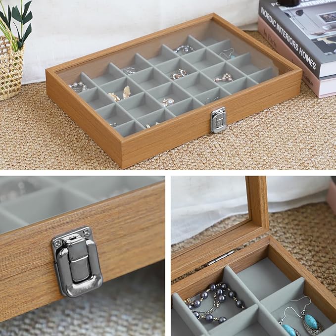 Wudygirl Jewelry Organizer Wood Jewelry Box Earring Holder Organizer Wooden Jewelry Tray with Clear Lid Vintage Jewelry Bracelet Display Ring Holder Adjustable Dividers (Gray 24 Grid)
