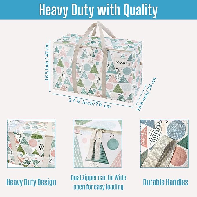 VENO 4 Pack Moving Bags and Large Christmas Storage Bins with lids. Alternative to Moving Boxes, Packing Supplies for College. Extra Large Heavy Duty Totes for Packaging (Pastel Forest, 4 Pack)