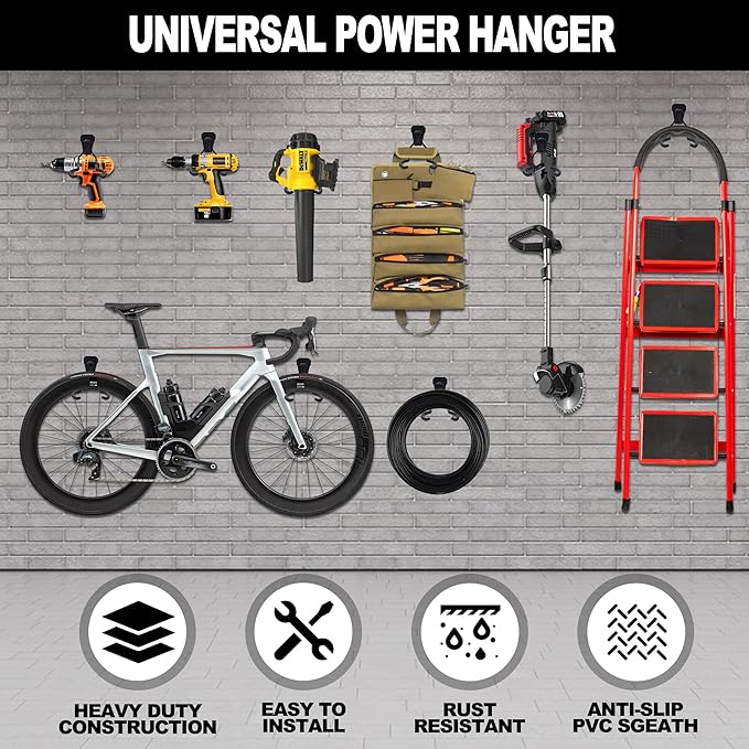 Heevir Garden Power Tool Hanger - 4Pcs Steel String Trimmer Holder Wall Mount, Grass Trimmer Organizer, Weed Eater Rack Garage Storage Hook for Weed Wacker, Leaf Blower and Other Lawn Equipment