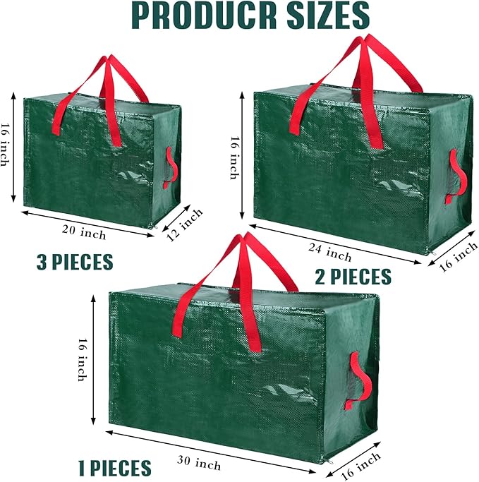 Shappy 6 Pcs Heavy Duty Christmas Storage Bags Extra Large Ornaments Container Moving Bags Xmas Decoration Organizer Storage Bag(Green,30 x 16", 24 x 16", 20 x 16")