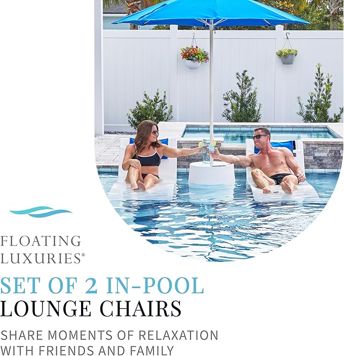 Floating Luxuries Kai Shelf Pool Lounger, in-Pool, Use in Pools with Shelves Up to 9 Inches Deep, Built-in Drink and Phone Holders, Chaise Lounge Chairs, Arctic White, Set of 2