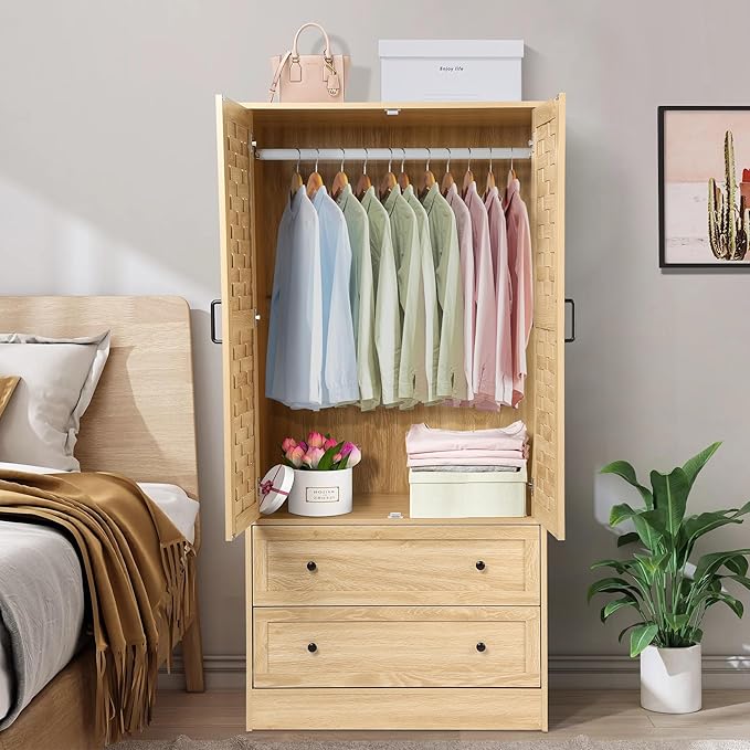 LEVNARY Armoire Wardrobe Closet with 2 Woven Doors, Wardrobe Cabinet with 2 Storage Drawers and Hanging Rail, Freestanding Wooden Closet for Bedroom (Natural)