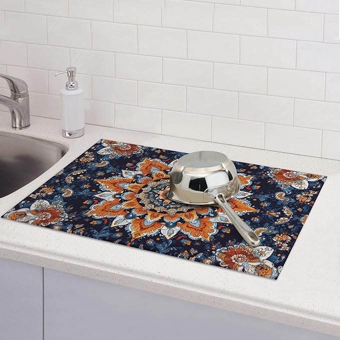 Mandala Flowers Dish Drying Mat for Kitchen Counter Microfiber Super Absorbent Non-Slip Dish Drying Pad for Countertops Dishes Utensils Stylish Quick-Dry Machine Washable 18x24 Inch