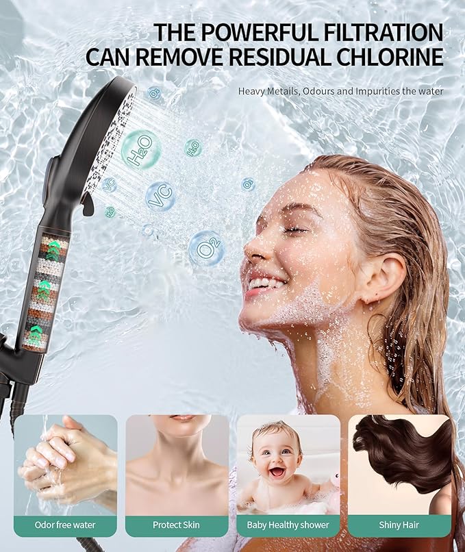 SR SUN RISE Filtered Shower Head with Handheld High Pressure 9 Spray Mode Showerhead Detachable Shower Head Water Softener Filters Beads for Hard Water Remove Chlorine 4 Filters Matte Black