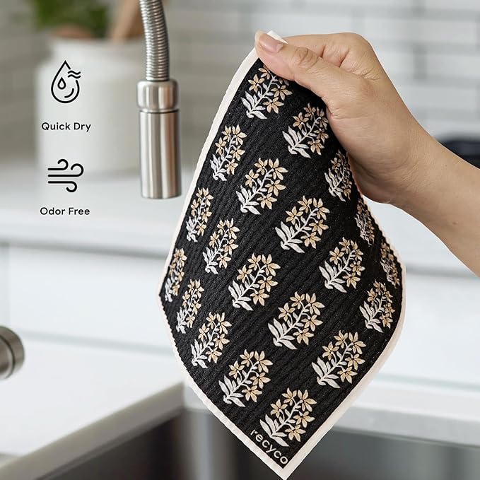 RECYCO Swedish Dishcloths for Kitchen | 6 Pack Heritage Florals Neutral Washable Dish Rags | Cellulose Reusable Cleaning Paper Towels | Absorbent Counter Dish Cloth Sponge Kitchen Wipes, 8" L x 7" W