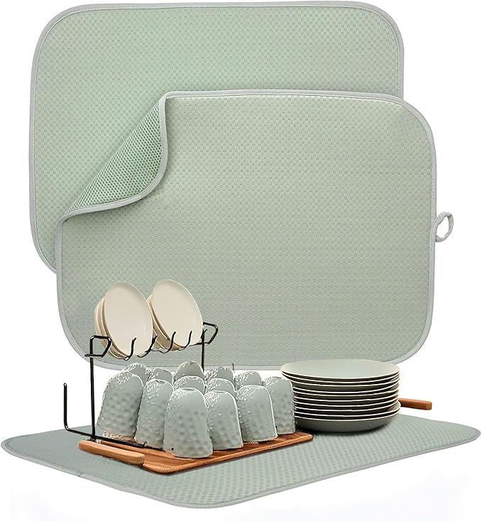 FULL BE DARE 2 Packs Dish Drying Mats for Kitchen Counter, Drying Matt Kitchen Counter, Sage Green Kitchen Dish Drying Mat & Dish Dryer Mat for Drying Dishes, 20 x 15 inches (Green)