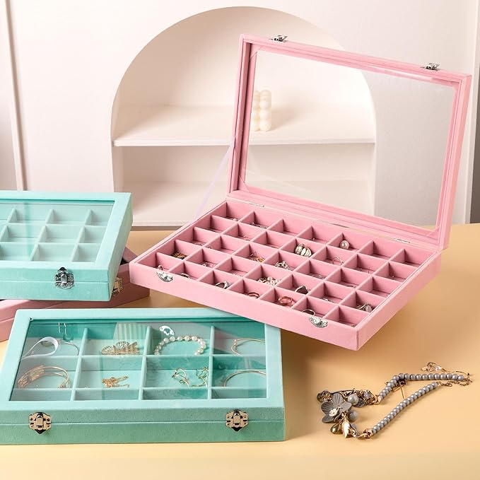 Frebeauty Velvet Jewelry Tray,12 Grid Jewelry Organizer with Clear Lid,Bracelets Holder,Jewelry Display Case with Clasp,Drawer Insert Bangle Brooch,13.8 x 9.5 x 2 Inches,Gift for Women Girl(Turquoise)