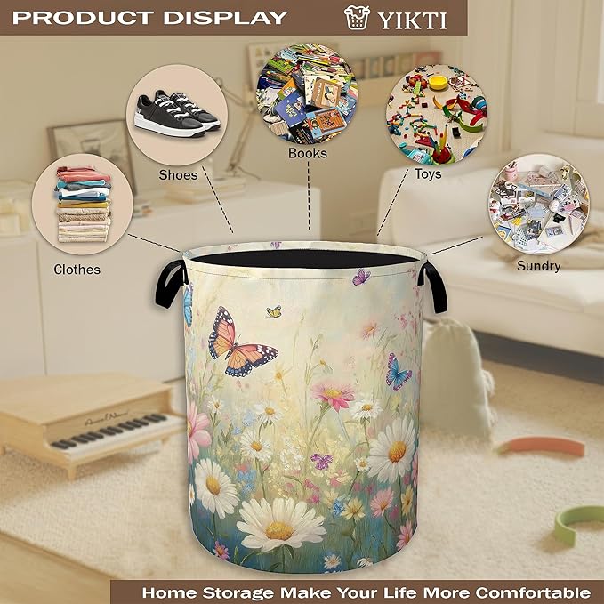 Spring Flowers Laundry Hamper,Watercolor Garden Wildflower Butterfly Collapsible Laundry Baskets,Waterproof Oxford Cloth Laundry Room Organization for Bedroom,Bathroom,Nursery,16x20 Inch