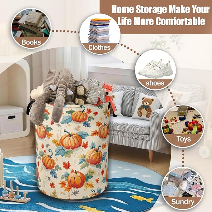 Thanksgiving day Laundry Baskets,Autumn Pumpkins Flowers Leaves Laundry Hamper,Storage Basket with Handles for Bathroom Bedroom College Dormitory Living Room Nursery Organizer 16"x20.8"