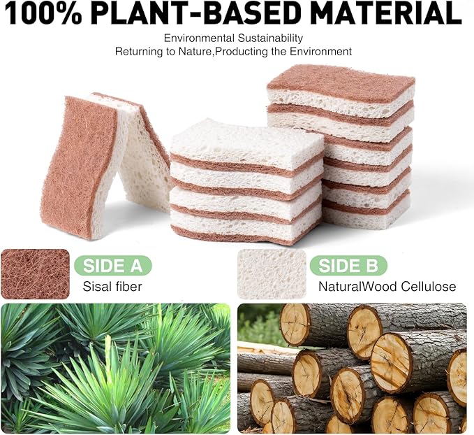 Eco-Friendly Sisal and Wood Pulp Cotton Double-Sided Cleaning Sponges - 12 Pack, S-Shaped Biodegradable Scrubbers for Kitchen, Dishes, and More (4.3 x 2.8 x 0.7 Inches Each)
