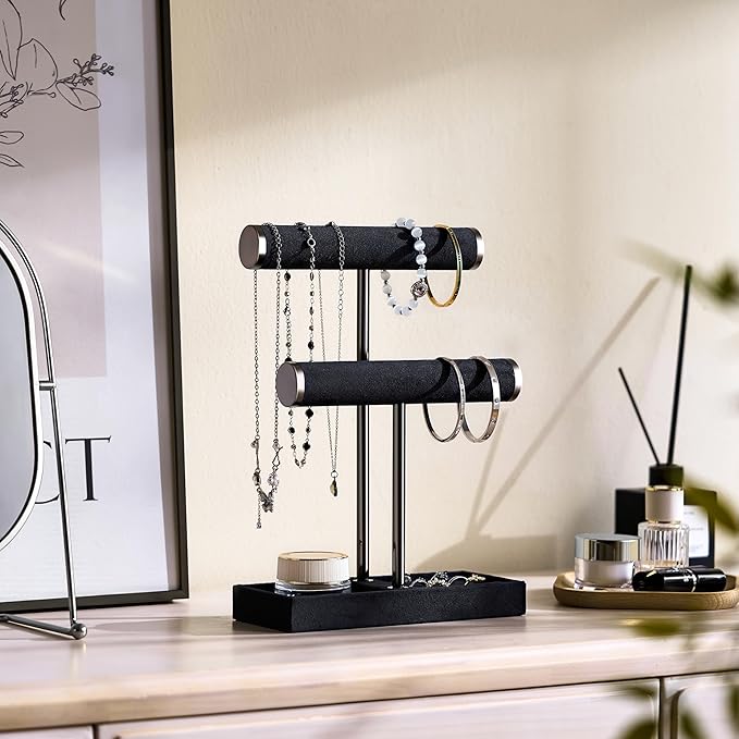 bussdis 2 Tier Bracelet Holder Display - Detachable T Bar Black Velvet Bracelet Holder, Jewelry Holder Organizer for Bracelet, Necklace, Earrings, Rings