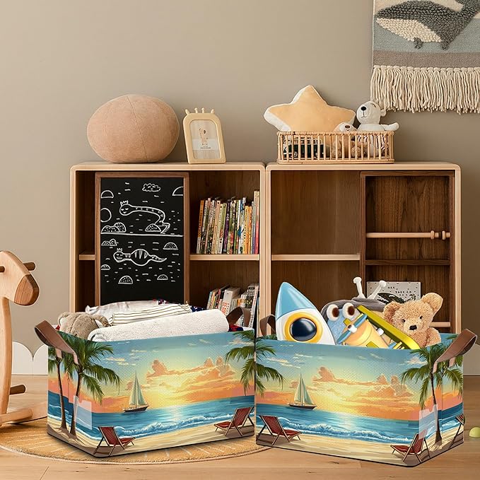 Tropical Palm Tree Storage Basket with Handles,Sunset Beach Collapsible Rectangle Organizer Bin for Room Decoration Books Box Baskets 17x11.5x10Inch
