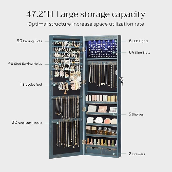 SONGMICS 6 LEDs Mirror Jewelry Cabinet, 47.2-Inch Tall Lockable Wall or Door Mounted Jewelry Armoire Organizer with Mirror, 2 Drawers, 3.9 x 14.6 x 47.2 Inches, Rustic Blue UJJC93IN