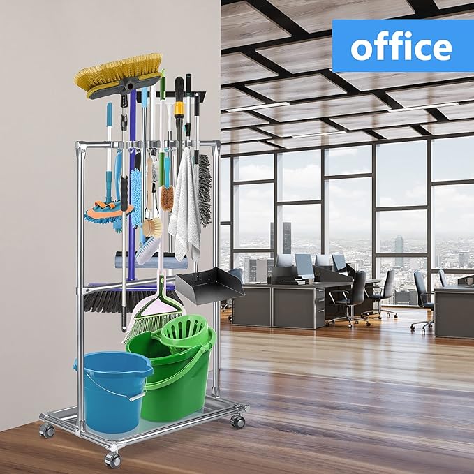 Broom Holder Organizer Movable Closet Storage Cabinet Mop Rack Floor Standing Cleaning Supplies Tool Cart For Garden Garage Schools Hotels Hospitals Factories Property Companies Restaurant (10 Racks)