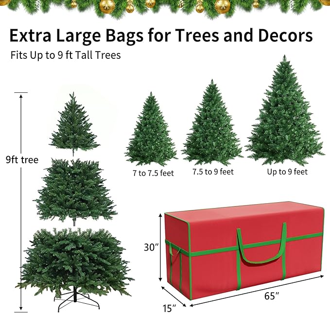 Christmas Tree Storage Bag - Fits Up to 9 ft Tall Holiday Artificial Disassembled Trees, with Carry Handles and Dual Zipper, Red&Green