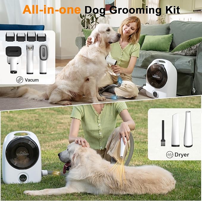 Catboxy Dog Grooming Vacuum and Pet Dryer, 5-in-1 Dog Grooming Kit for Shedding, Low Noise Doggie Hair Blow Dryer, 2.5L Canister for Cat Vacuum Groomer, Portable Pet Trimmers for Dogs, White