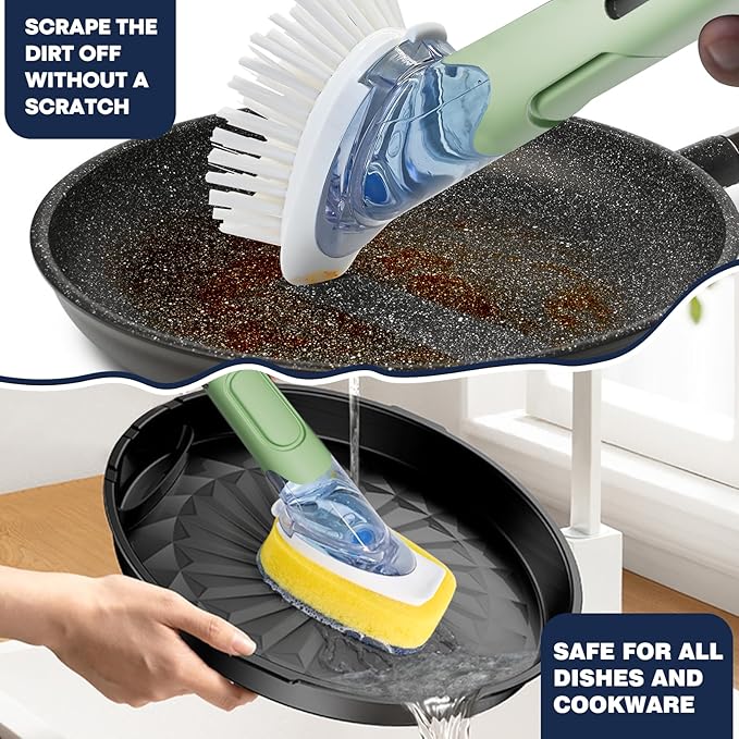 Dish Brush with Soap Dispenser Storage Set with 2 PCS Sponge Refills & Holder, Soap Dispensing Dish Brushes, Sponge with Soap Dispenser Handle, Dish Sponges with Handle for Dishes Pans Pots Sink
