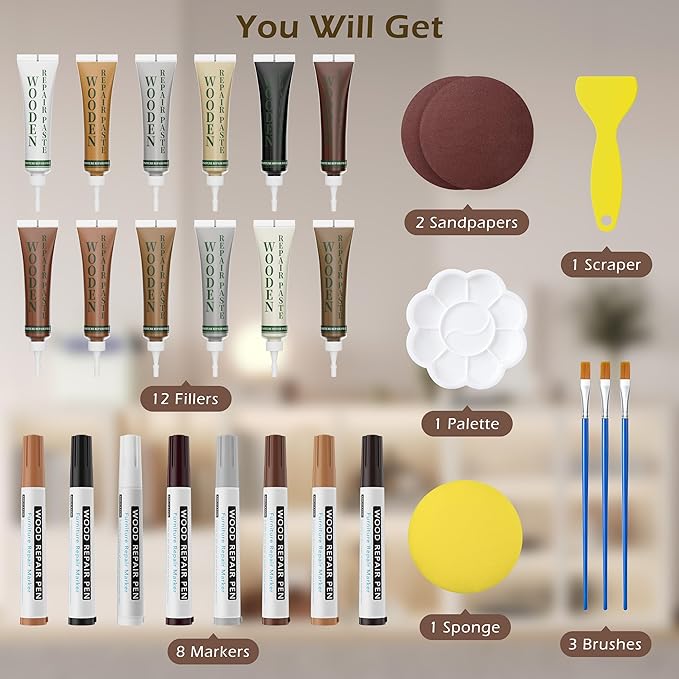 XCZNAGS Wood Repair Kit: 12-Color Wood Filler and 8-Color Furniture Markers Touch Up for Scratches/Holes/Stains/Cracks in Floors/Table/Cabinets(Laminate/Hardwood)