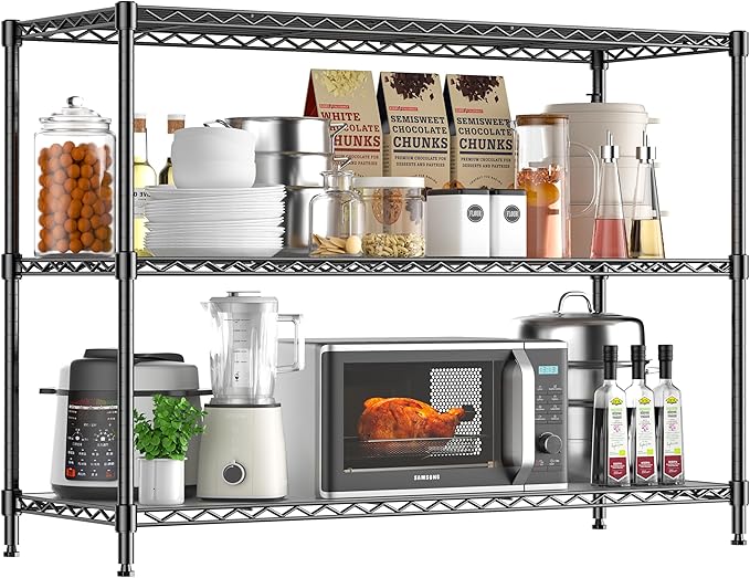 RackBro 795LBS 3-Shelf Adjustable Storage Shelves 36" W x 14" D x 36" H Metal Shelving Unit Heavy Duty Wire Rack Small Organizer with 3 Shelf Liners for Kitchen Pantry Bathroom Closet Garage Black