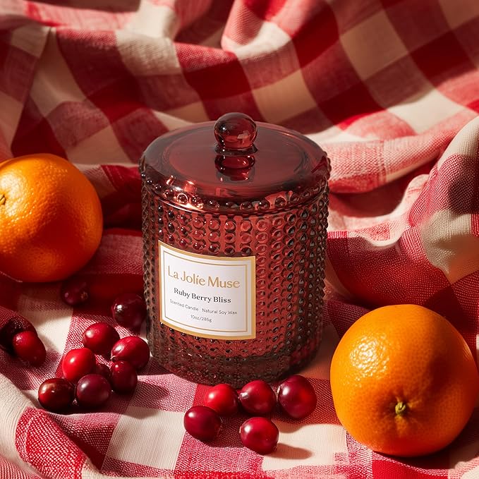 LA JOLIE MUSE Ruby Berry Bliss Scented Candle| Mandarin, Cranberry & Plum | 10 oz Festive Candle | 55 Hours Clean Burn | Valentines Day Gifts for Her | Elegant Home Decor