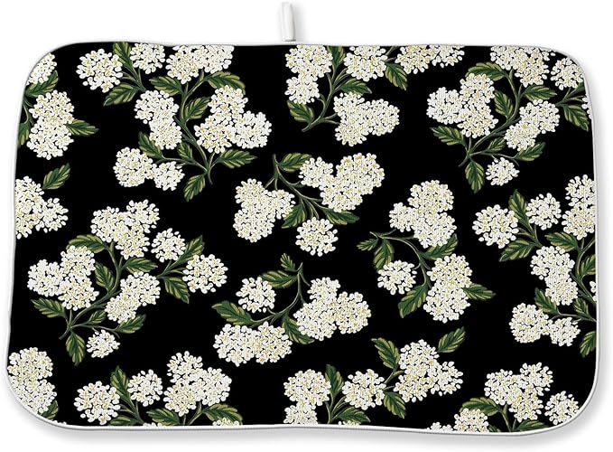 Black Dish Drying Mat 18x24 Inch Green Vintage Floral Hydrangea Flower Drying Mat Spring Summer Seasonal Absorbent Dish Drying Pad Dish Rack Drainer Mats for Kitchen Dining Counter