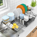 ULAIHOMN Extendable Dish Drying Rack for Kitchen Counter, Rustproof Stainless Steel Dish Rack with 360° Swivel Spout, Large Capacity Expandable Sink Drainer for Bowls, Pots, Silverware - Black