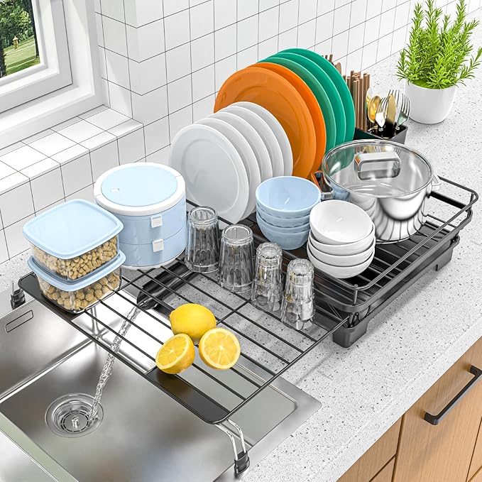 ULAIHOMN Extendable Dish Drying Rack for Kitchen Counter, Rustproof Stainless Steel Dish Rack with 360° Swivel Spout, Large Capacity Expandable Sink Drainer for Bowls, Pots, Silverware - Black