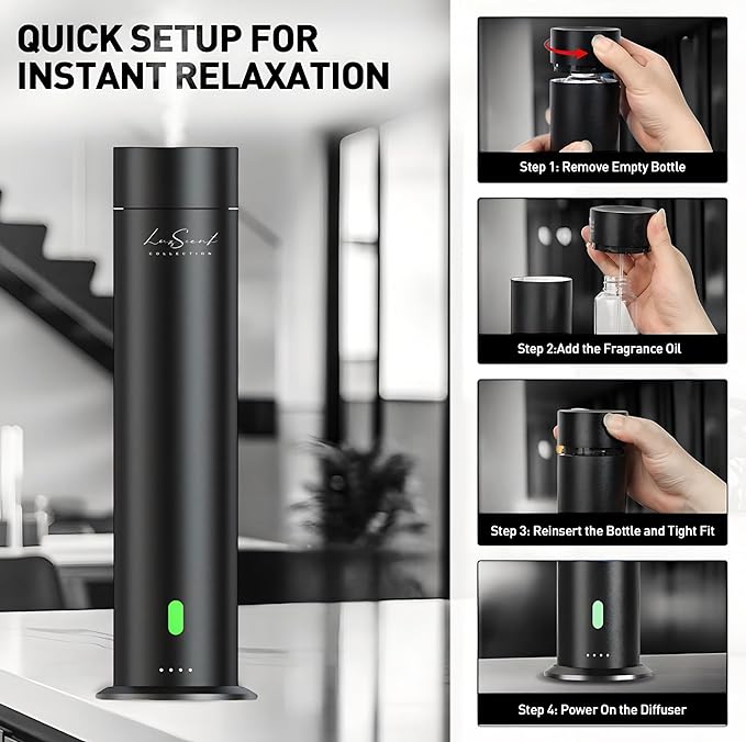 Wireless Aroma Diffuser Scent Oil - Home Luxury Portable Scent Diffuser - Remote Control Waterless Diffuser - 1000 sq. ft Coverage - Essential Oil 20ml Sample Pack Included - Aromatherapy (Black)