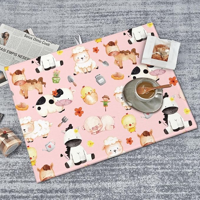 Pink Farm Animal Dish Drying Mat for Kitchen Counter Cute Kitchen Mat Microfiber Kitchen Countertop Absorbent Reversible Drainer Rack Pad Dish Drying Mat 18 x 24 Inch