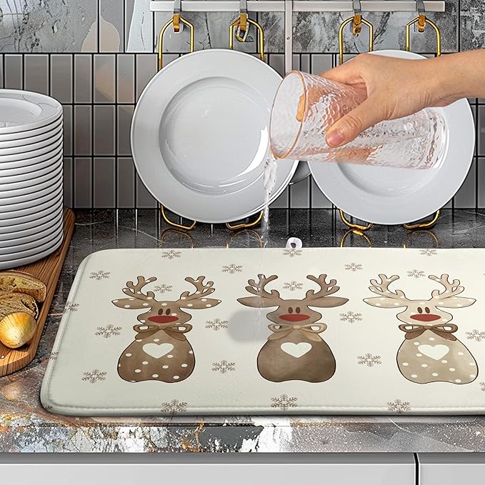 Wnoesat Christmas Reindeer Snowflakes Dish Drying Mat for Kitchen Counter 18x24 Inch Winter Xmas Holiday Drying Pads Microfiber Absorbent Dish Draining Mat Large Dish Drainer Rack Mat
