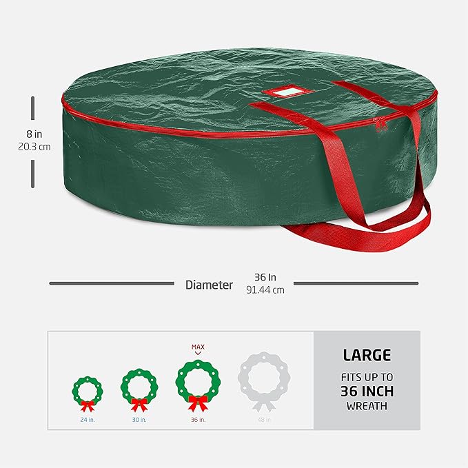 ZOBER Christmas Wreath Storage Container 36 Inch - Wreath Bag for Artificial Wreaths Box - Dual Zippered Wreaths Storage Bag with Strong Durable Handles - Green