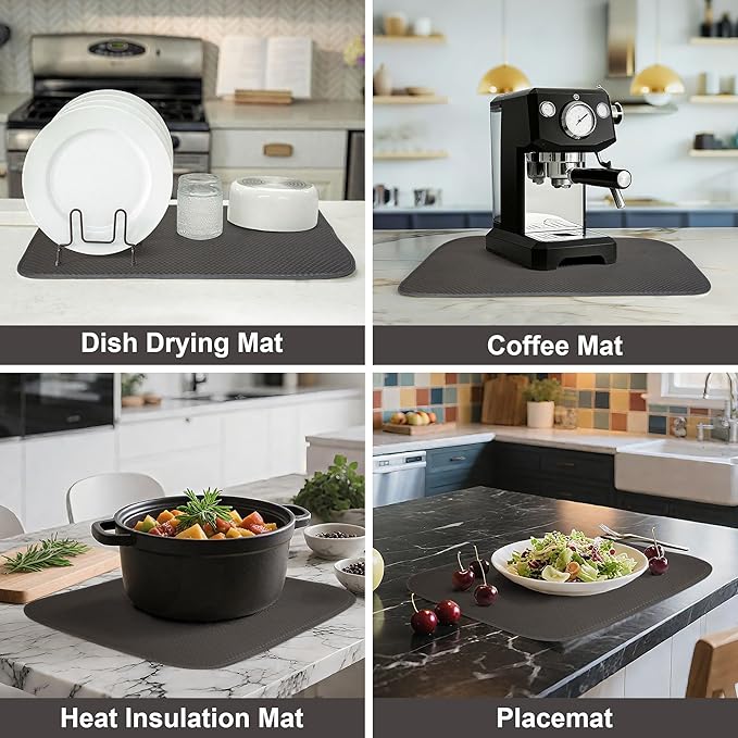 FULL BE DARE 2-Pack Dark Gray Dish Drying Mats 20" x 15" – XL Kitchen Drying Mat for Countertop, Absorbent Microfiber Dish Rack Mat, Foldable Dish Pad for Dishes, Pans – Reusable Dish Drainer Mat