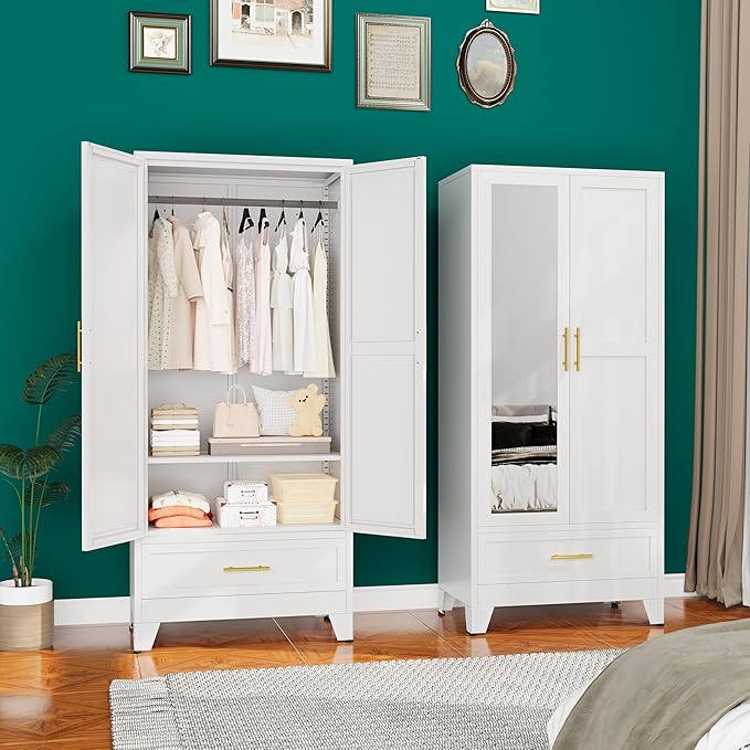 71" H Metal Armoire Wardrobe Closet with Mirror,Household Steel Wardrobe Cabinet with Drawers,Clothing Storage Wardrobe Cabinet with Adjustable Shelves and Hanging Rod for Bedroom（White）