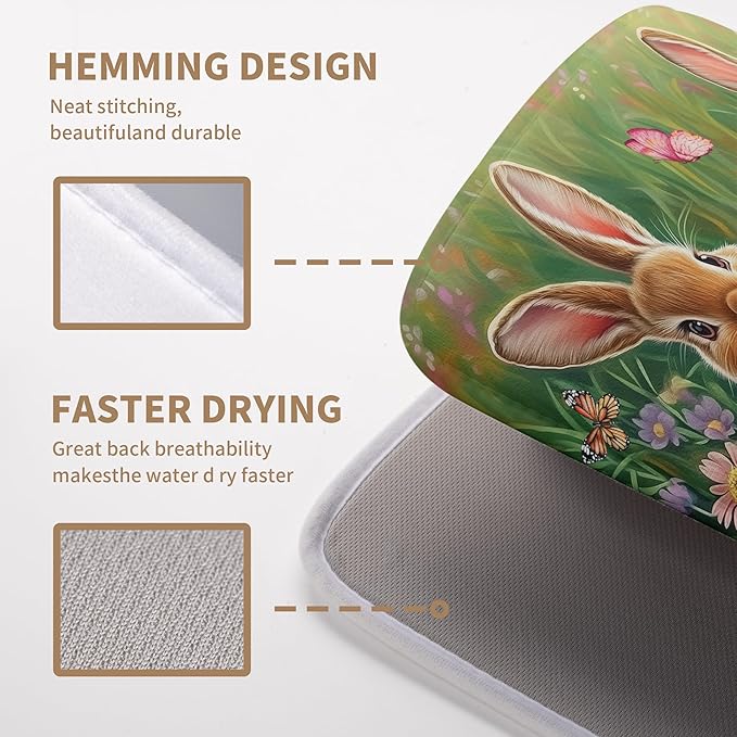 Wnoesat Easter Bunny Eggs Dish Drying Mat for Kitchen Counter 18x24 Inch Spring Easter Rabbit Flowers Large Drying Mat Microfiber Dish Drainer Rack Mats Absorbent Reversible Dishes Pad Dish Dryer Mat