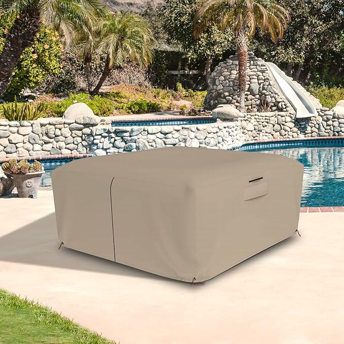 Seal Skin Covers Waterproof Hot Tub Cover, Heavy Duty Outdoor Spa Protector with Air Vents, Padded Handles, Adjustable Cord, Straps & All Weather Protection (Beige, 76"L x 76"W x 20"H)