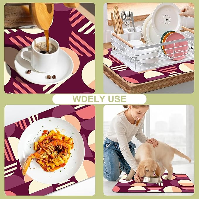 Kitchen Mat Circles in Pink Purple Dish Drying Mat 12"x19" Bsorbent Coffee Maker Mat for Sink Dishes or Under Rack Kitchen Counter Accessories Absorbent Hide Stain Rubber Backed Dish Drying Pad