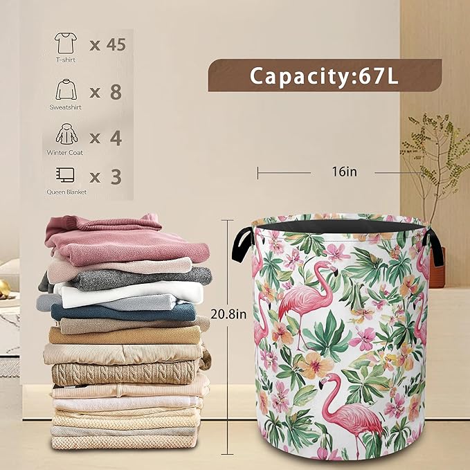 Pink Flamingo Laundry Basket,Floral Plam Collapsible Laundry Baskets with Handles,Waterproof Oxford Cloth Storage Basket 16"x20" for Bathroom/Bedroom/Dormitories