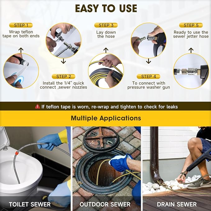 TUTULUCK Sewer Jetter Kit for Pressure Washer, 5800PSI Drain Cleaner Hose 1/4 Inch NPT Corner,Showerhead,Rotating rotates,Mushroom Nose,Corner sewer nozzle(150FT)