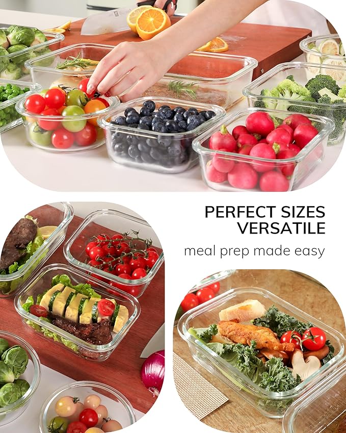 BOROHOUSE 2-Pack Glass Food Storage Containers with Tempered Lids (630ml/2.7cup) - Airtight Snap Lock, Microwave & Oven Safe (-4℉~ 950°F), Freezer to Baking Dish, BPA-Free, Gift Box (Gray)