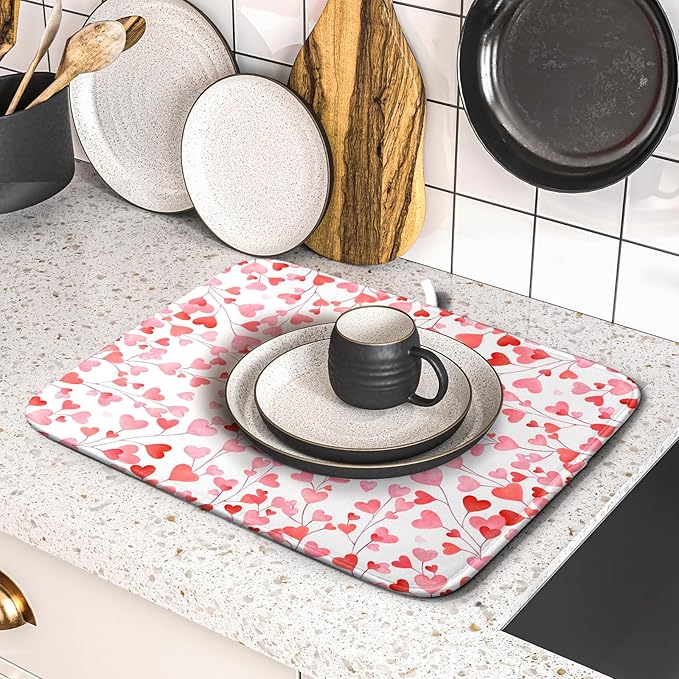 Valentines Day Dish Drying Mat for Kitchen Counter 18x16 Inch Love Drying Mat with Absorbent Reversible Microfiber Pink Heart Dish Drainer Mats Rack Pad for Coffee Countertop Protector