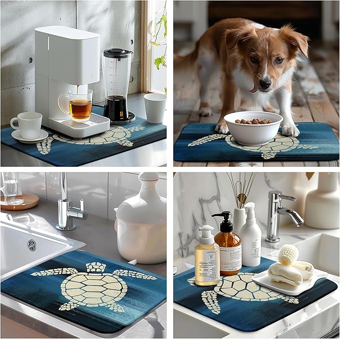 Wnoesat Sea Turtle Dish Drying Mat Summer Ocean Animal Dish Drainer Rack Mat 16 X 18 Inch Dark Blue Microfiber Absorbent Drying Mat for Kitchen Counter