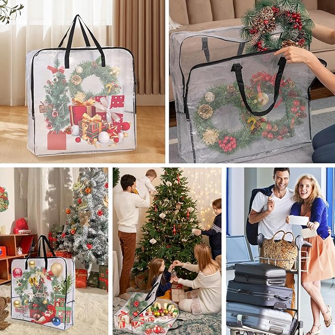 2 Pack 25 inches Wreath Storage Container,Extra Large Transparent Rectangular Christmas Ornament Storage Bags with Zipper and Handles,Perfect for Wreaths,Garlands,Gifts,Waterproof,Foldable
